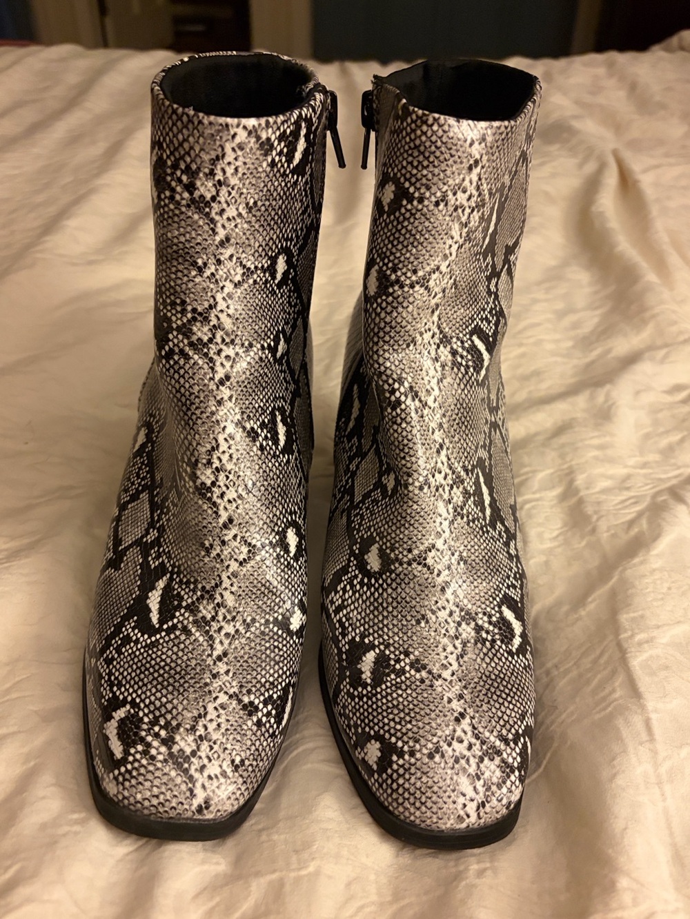 Women’s Snake-Print Ankle Boots in Black & White